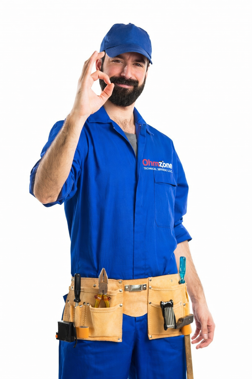 Technician with tools and _OK_ gesture